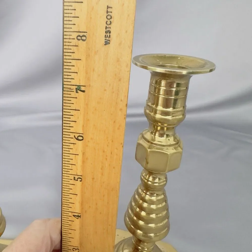 English Brass Beehive Candlesticks Diamond Pattern Victorian Style Pair Vtg